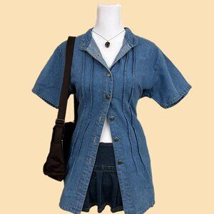 vintage 90s denim preppy western long line jean button up shirt
